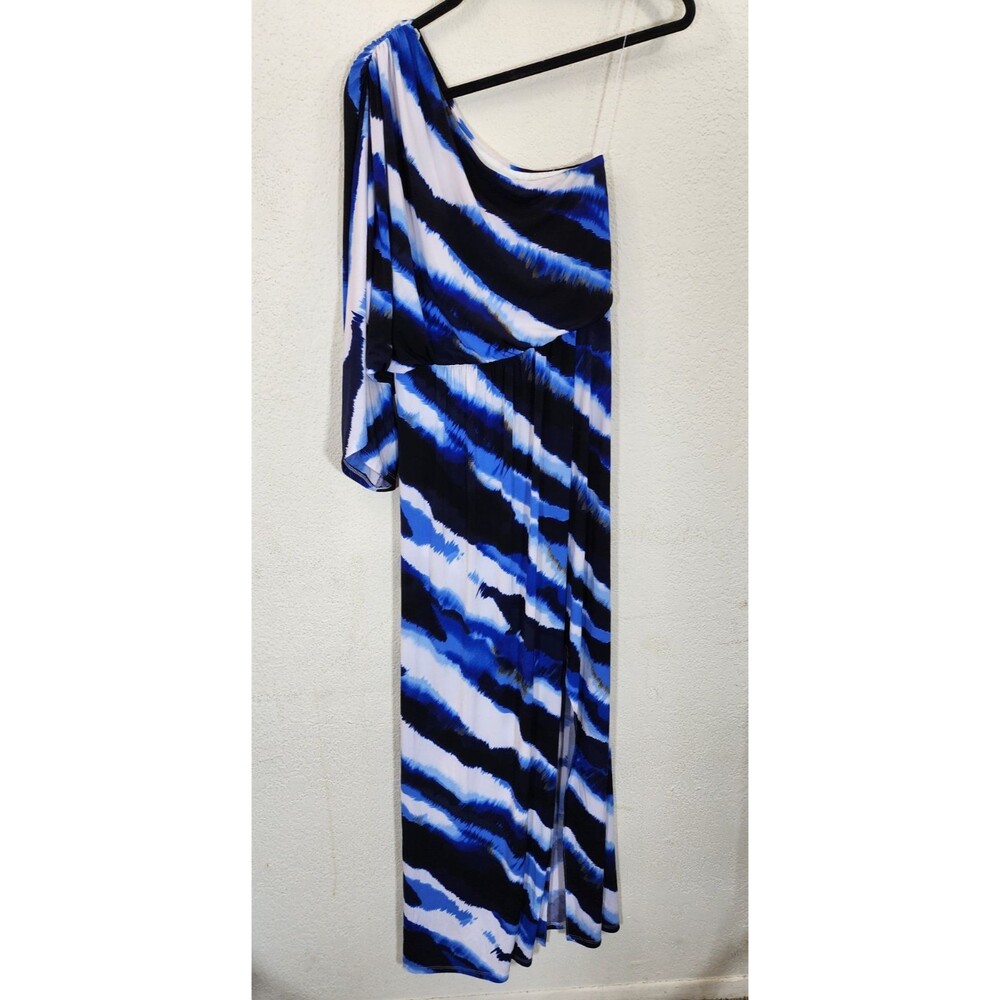 Boston Proper Maxi Dress 0 Blue Tie Dye Alva One Shoulder Split Sleeve Slit Gown